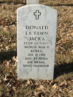 <i class="material-icons" data-template="memories-icon">stars</i><br/>Donald Jacka Sr., Navy<br/><div class='remember-wall-long-description'>Donald LaFawn Jacka, Sr., LCDR, USN Retired: Jacka enlisted in the US Navy in 1941, and was commissioned a Naval Aviator in 1942. He flew in the Pacific Theater during WWII, and flew Patrol bombers during the Korean War. A highly decorated Naval Officer, Commander Jacka in 1953 commissioned the Naval Air Station in Fallon, NV. After various oversea duty stations, he retired from the US Navy in 1962, completing his tour of duty in Morocco. Donald LaFawn Jacka, Sr., LCDR, USN Retired of Leavenworth, KS, died Monday, August 23, 2004, at his home. He was born on July 21, 1919, in Fairmount, KS.</div><a class='btn btn-primary btn-sm mt-2 remember-wall-toggle-long-description' onclick='initRememberWallToggleLongDescriptionBtn(this)'>Learn more</a>