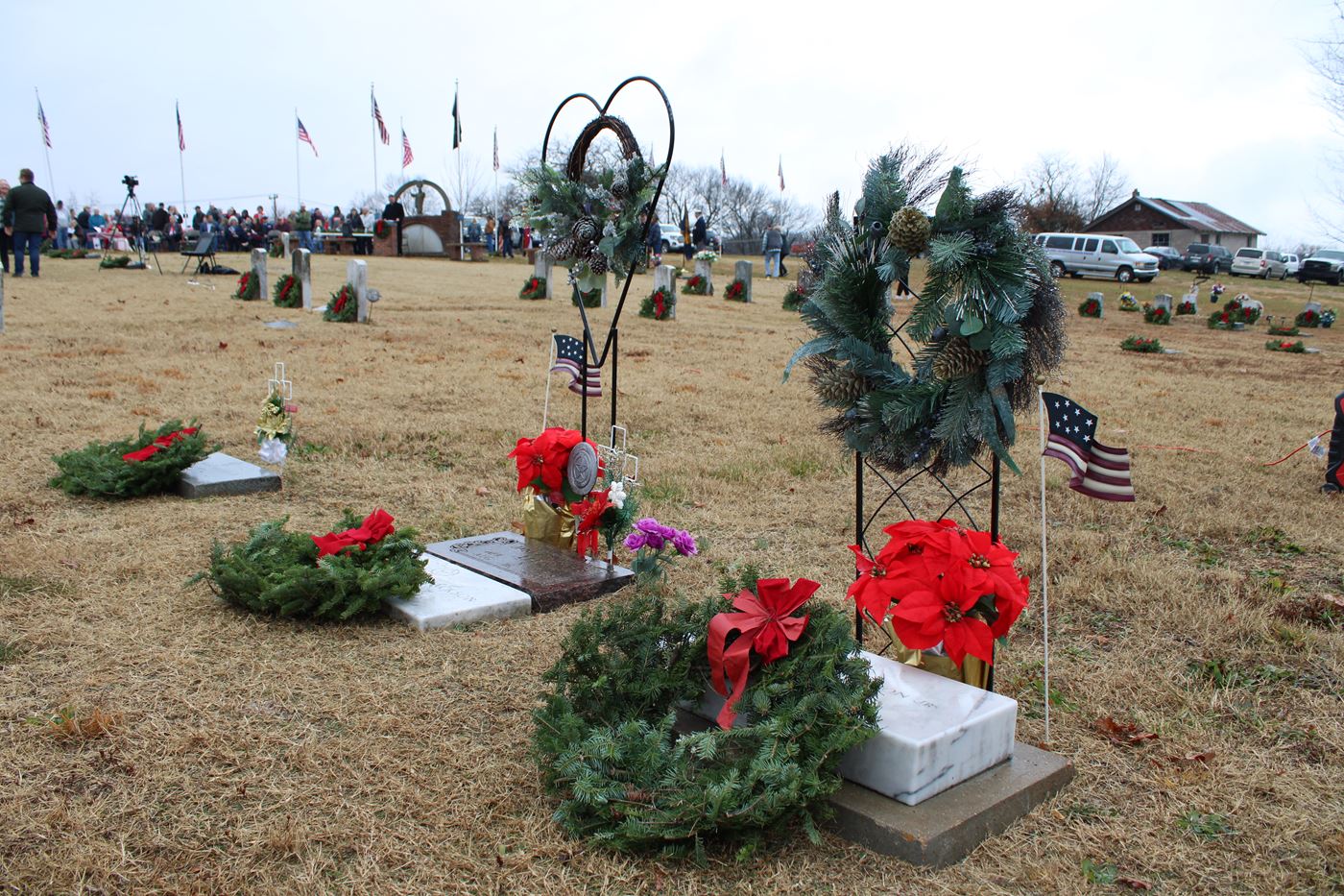 1st Wreaths Across America project at the Veterans Memorial Cemetery, Mtn. View, Missouri, Saturday, December 16, 2023.&nbsp; Over 500 people attended to volunteer to help place 199 wreaths at the Cemetery.<br>