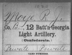 <i class="material-icons" data-template="memories-icon">chat_bubble</i><br/>Robert J. Moye<br/><div class='remember-wall-long-description'>Robert J. Moye Private Co. B, 12 Battalion GA Light Artillery Confederate States of America January 26th, 1846 - August 6th, 1906</div><a class='btn btn-primary btn-sm mt-2 remember-wall-toggle-long-description' onclick='initRememberWallToggleLongDescriptionBtn(this)'>Learn more</a>