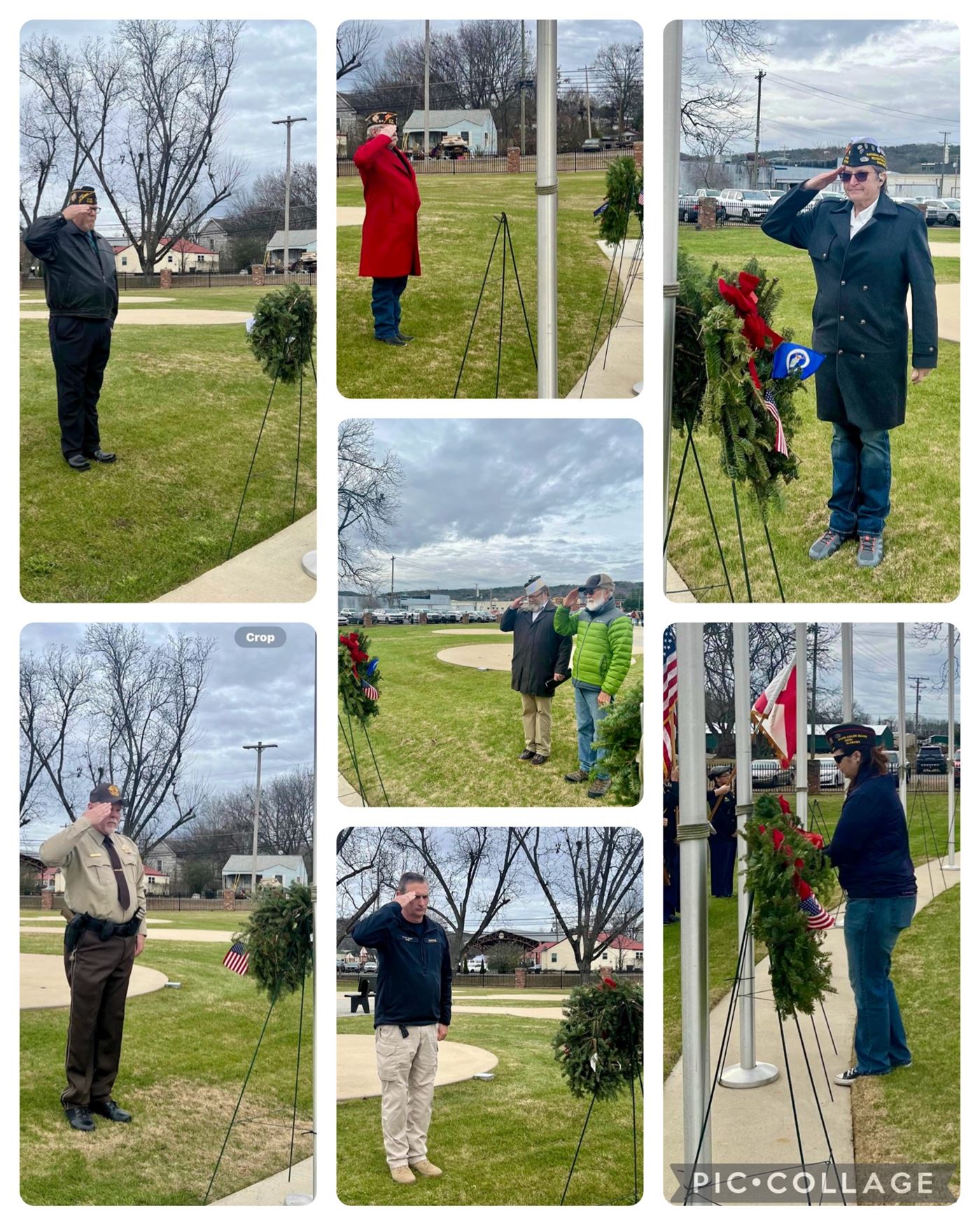 Veterans placing the wreaths at the flags of the branches of the military, fire &amp; police depts.