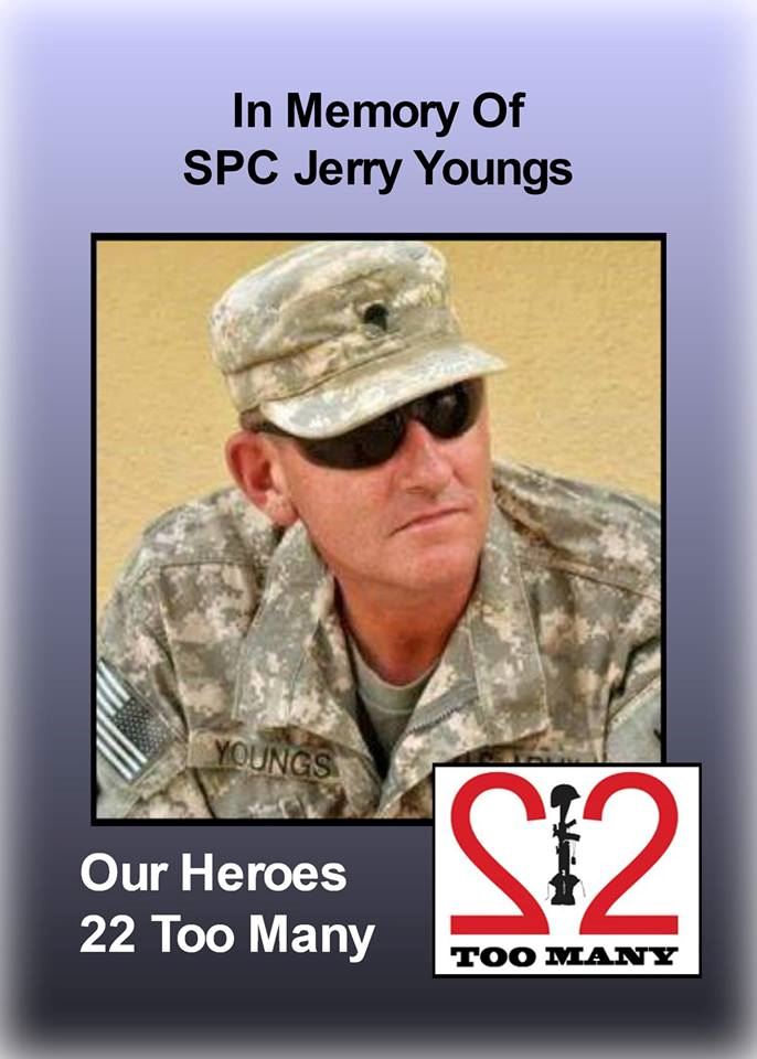 <i class="material-icons" data-template="memories-icon">cloud</i><br/>Jerry  Youngs <br/><div class='remember-wall-long-description'>22 Too Many - In Memory of SPC Jerry Youngs
December 25, 1964 – June 23, 2015

SPC Jerry Youngs served in the 1073rd Army National Guard out of Greenville, MI. He deployed to Iraq twice and Saudi Arabia once. He was the beloved husband to May; father of 3 children and grandpa to 7 children. Jerry had a heart of GOLD and was there for everybody. He was a mechanic in the military of which he gave 24 years of his life. Jerry also loved to rescue dogs off the streets. He will be forever missed.

#22toomany #OurHeroes are #NeverForgotten — with May Youngs.</div><a class='btn btn-primary btn-sm mt-2 remember-wall-toggle-long-description' onclick='initRememberWallToggleLongDescriptionBtn(this)'>Learn more</a>