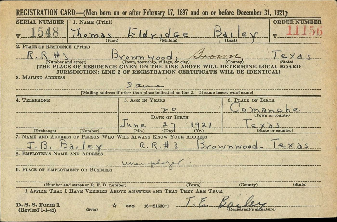 Thomas Eldridge Bailey WWII registration card