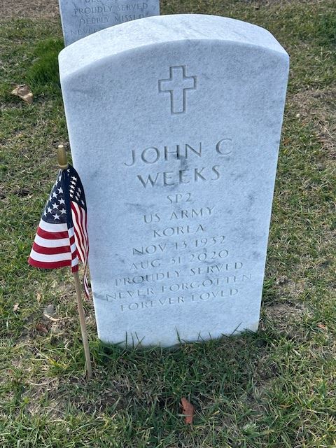 <i class="material-icons" data-template="memories-icon">account_balance</i><br/>John Weeks, Army<br/><div class='remember-wall-long-description'>John C. Weeks, SP2, US Army, Korean Conflict
Proudly Served and Deeply Missed</div><a class='btn btn-primary btn-sm mt-2 remember-wall-toggle-long-description' onclick='initRememberWallToggleLongDescriptionBtn(this)'>Learn more</a>