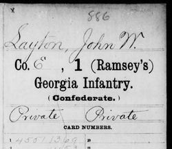 <i class="material-icons" data-template="memories-icon">chat_bubble</i><br/>John Wesley Layton<br/><div class='remember-wall-long-description'>John Wesley Layton Private Co. E, 1st Ramsey's GA Infantry Confederate States of America February 1842 - December 19th, 1892</div><a class='btn btn-primary btn-sm mt-2 remember-wall-toggle-long-description' onclick='initRememberWallToggleLongDescriptionBtn(this)'>Learn more</a>