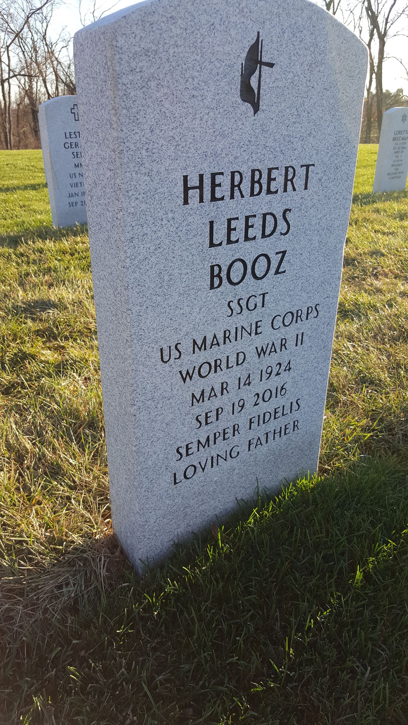 <i class="material-icons" data-template="memories-icon">account_balance</i><br/>Herbert  Booz, Marine Corps<br/><div class='remember-wall-long-description'>My father, Staff Sergeant Herbert Leeds Booz, served in the Marine Corps in the Philippines, Okinawa and China in the First Marine Air Wing. He was an aviation mechanic participating in offensive action against the enemy in the Pacific.</div><a class='btn btn-primary btn-sm mt-2 remember-wall-toggle-long-description' onclick='initRememberWallToggleLongDescriptionBtn(this)'>Learn more</a>