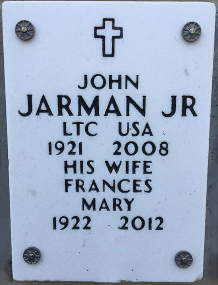 <i class="material-icons" data-template="memories-icon">chat_bubble</i><br/>John Jarman Jr, Army, LTC<br/>Born 8/22/1921<br/>Passed on 7/26/2008<br/>Posted by: Dan P Brodt<br/><div class='remember-wall-long-description'>In Memory of John Jarman JrLTC USA</div><a class='btn btn-primary btn-sm mt-2 remember-wall-toggle-long-description' onclick='initRememberWallToggleLongDescriptionBtn(this)'>Learn more</a>
