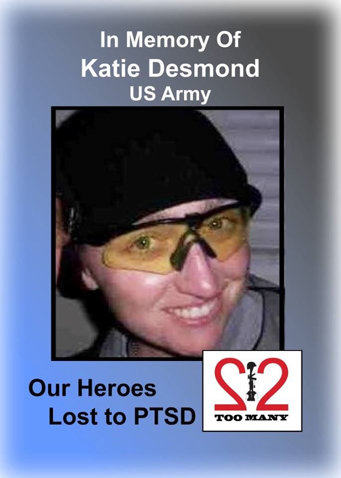 <i class="material-icons" data-template="memories-icon">cloud</i><br/>Katie  Desmond<br/><div class='remember-wall-long-description'>22 Too Many - In Memory of 
Katie Desmond
US Army MP OIF
9/1/79 – 12/2/15

Katie served honorably in the United States Army as a Military Police Officer for 8 years, with multiple deployments to Iraq, earning the Army Commendation Medal (x3), the Combat Action Badge, the Iraq Campaign Medal and the Global War on Terrorism Expeditionary Medal. The patriotism and love of country that the military instilled never left Katie after her return home. Katie was a valued member of the Tallahassee Veterans of Foreign Wars Post 3308, where she was a Life Member.</div><a class='btn btn-primary btn-sm mt-2 remember-wall-toggle-long-description' onclick='initRememberWallToggleLongDescriptionBtn(this)'>Learn more</a>