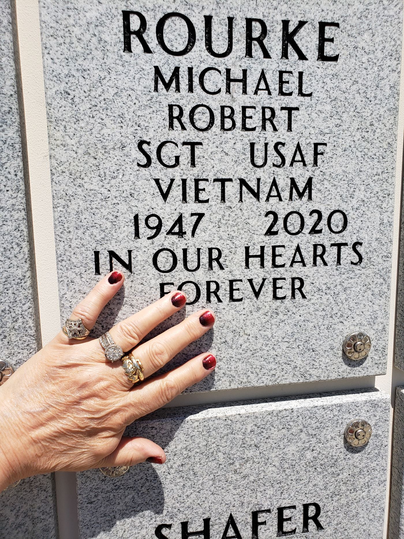 <i class="material-icons" data-template="memories-icon">cloud</i><br/>Michael Rourke, Air Force, Sargent <br/>Born 5/29/2047<br/>Passed on 1/6/2020<br/>Posted by: MALANE ROURKE<br/><div class='remember-wall-long-description'>
 Christmas is not the same. The love on our hearts is, and always will be.</div><a class='btn btn-primary btn-sm mt-2 remember-wall-toggle-long-description' onclick='initRememberWallToggleLongDescriptionBtn(this)'>Learn more</a>