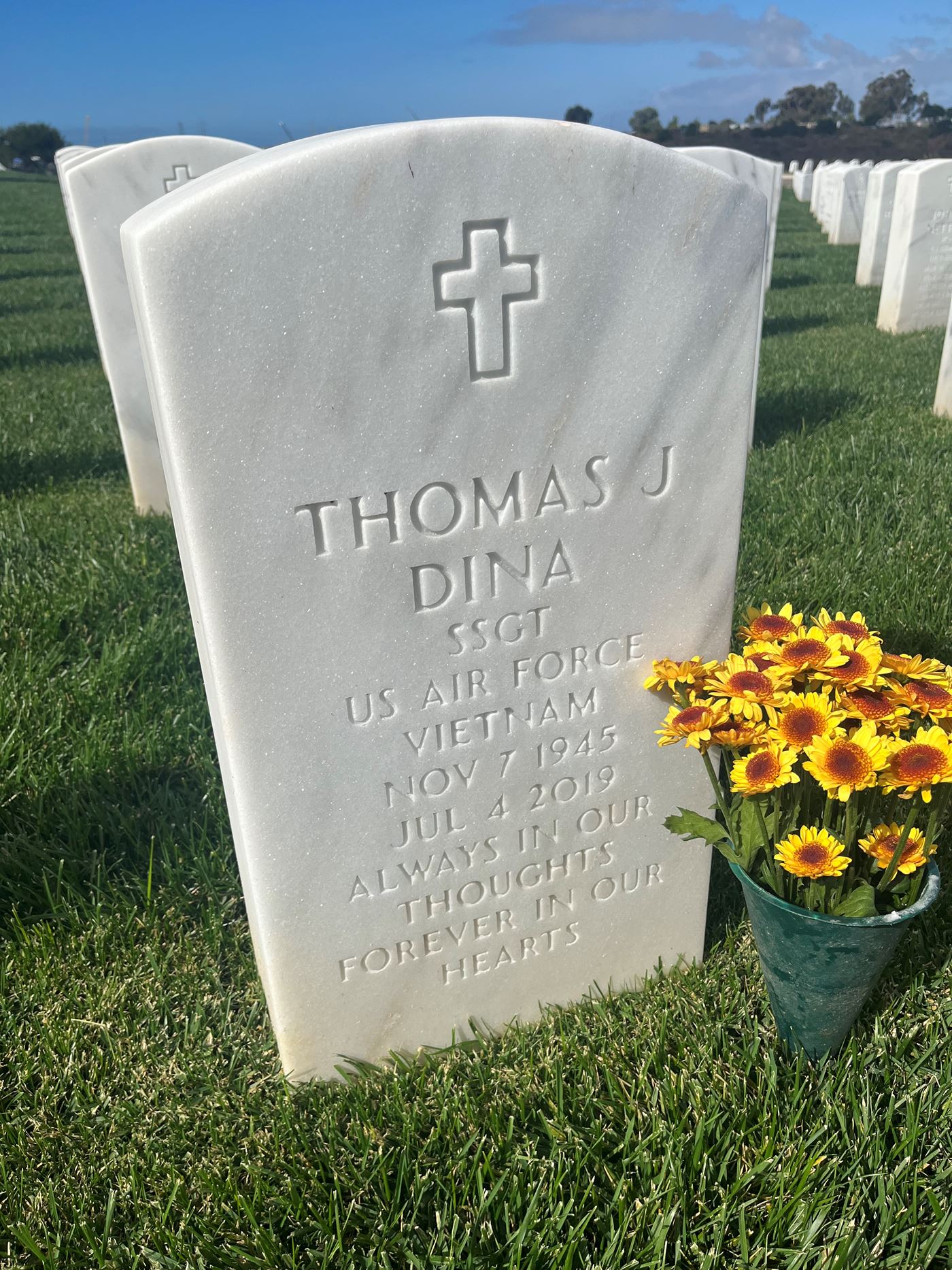 <i class="material-icons" data-template="memories-icon">account_balance</i><br/>Thomas Dina, Air Force<br/><div class='remember-wall-long-description'>
 Staff Sgt. Thomas J Dina
6510th USAF Vietnam
November 7th 1945.  July 4th. 2019</div><a class='btn btn-primary btn-sm mt-2 remember-wall-toggle-long-description' onclick='initRememberWallToggleLongDescriptionBtn(this)'>Learn more</a>