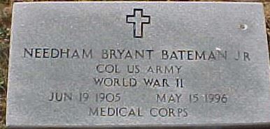 <i class="material-icons" data-template="memories-icon">account_balance</i><br/>Dr. Needham Bryant Bateman Jr.<br/><div class='remember-wall-long-description'>Dr. Needham Bryant Bateman Jr. - Colonel - Medical Corp - United States Army - World War II - June 19, 1905 - May 15, 1996</div><a class='btn btn-primary btn-sm mt-2 remember-wall-toggle-long-description' onclick='initRememberWallToggleLongDescriptionBtn(this)'>Learn more</a>