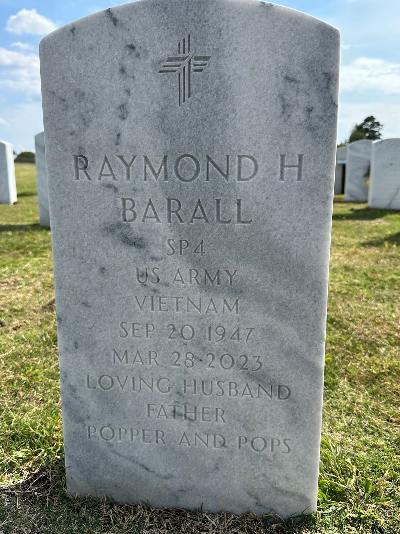 <i class="material-icons" data-template="memories-icon">account_balance</i><br/>Raymond Barall, Army<br/>Served from 1966 to 1968<br/>Born 9/20/1947<br/>Passed on 3/28/2023<br/>Posted by: Robin H.<br/><div class='remember-wall-long-description'>Raymond H Barall, a loving Husband, Father and Popper! We miss you and love you!</div><a class='btn btn-primary btn-sm mt-2 remember-wall-toggle-long-description' onclick='initRememberWallToggleLongDescriptionBtn(this)'>Learn more</a>