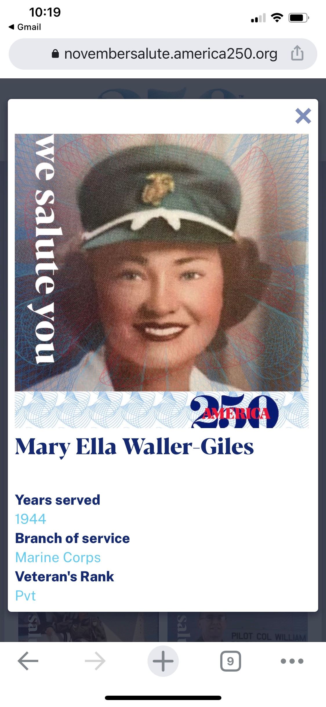 <i class="material-icons" data-template="memories-icon">card_giftcard</i><br/>Mary Ella Waller  Giles, Marine Corps<br/><div class='remember-wall-long-description'>Only by her lead did her children learn the meaning of “patriotism</div><a class='btn btn-primary btn-sm mt-2 remember-wall-toggle-long-description' onclick='initRememberWallToggleLongDescriptionBtn(this)'>Learn more</a>