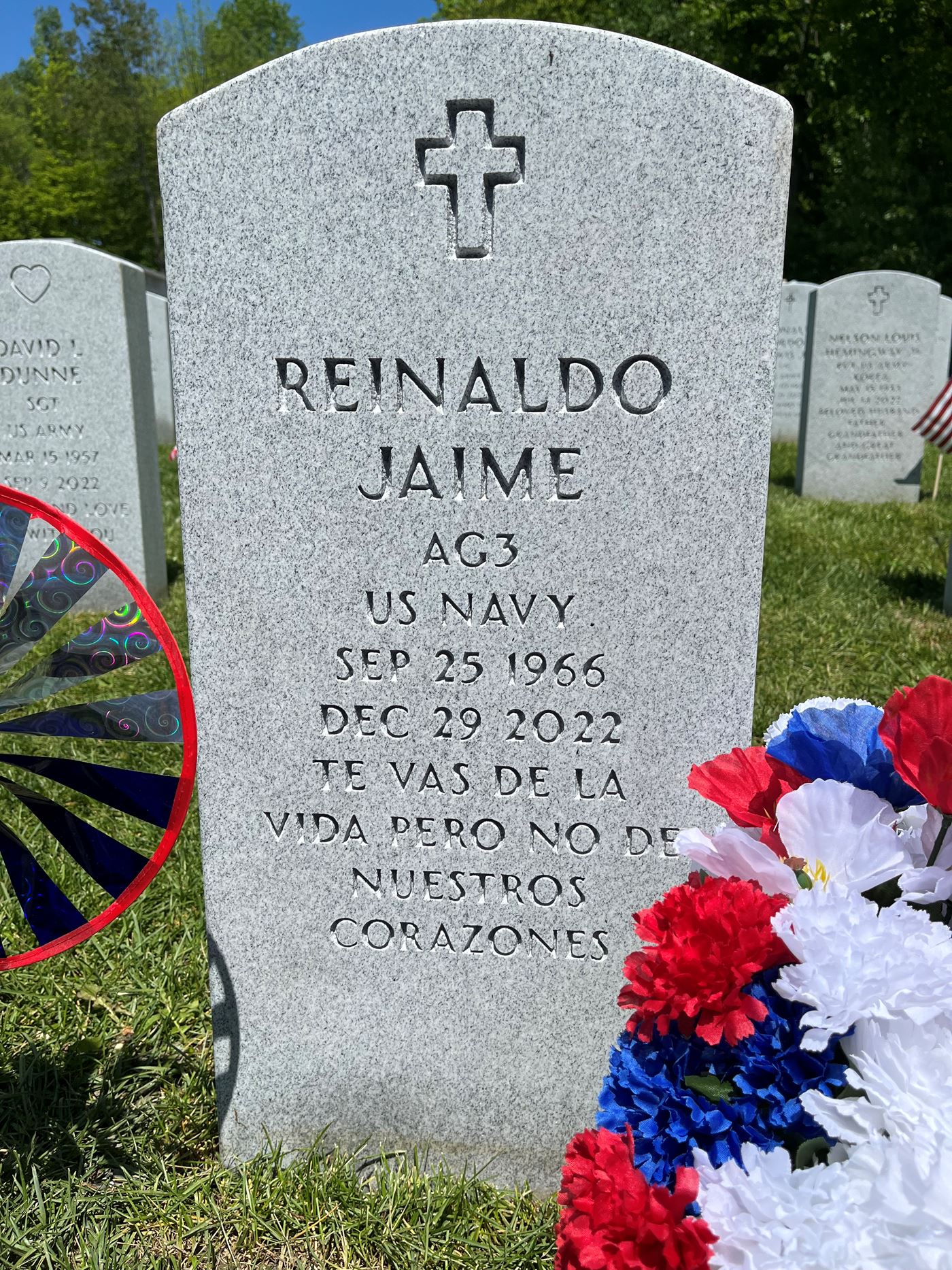 <i class="material-icons" data-template="memories-icon">account_balance</i><br/>Reinaldo Jaime, Navy, AG-3<br/>Served from 1989<br/>Born 9/25/1969<br/>Passed on 12/29/2022<br/>Posted by: Ligia H.<br/><div class='remember-wall-long-description'>
  Reinaldo Jaime. We are so proud of your service and love for our country. And, we were so blessed to have had you in our lives.</div><a class='btn btn-primary btn-sm mt-2 remember-wall-toggle-long-description' onclick='initRememberWallToggleLongDescriptionBtn(this)'>Learn more</a>