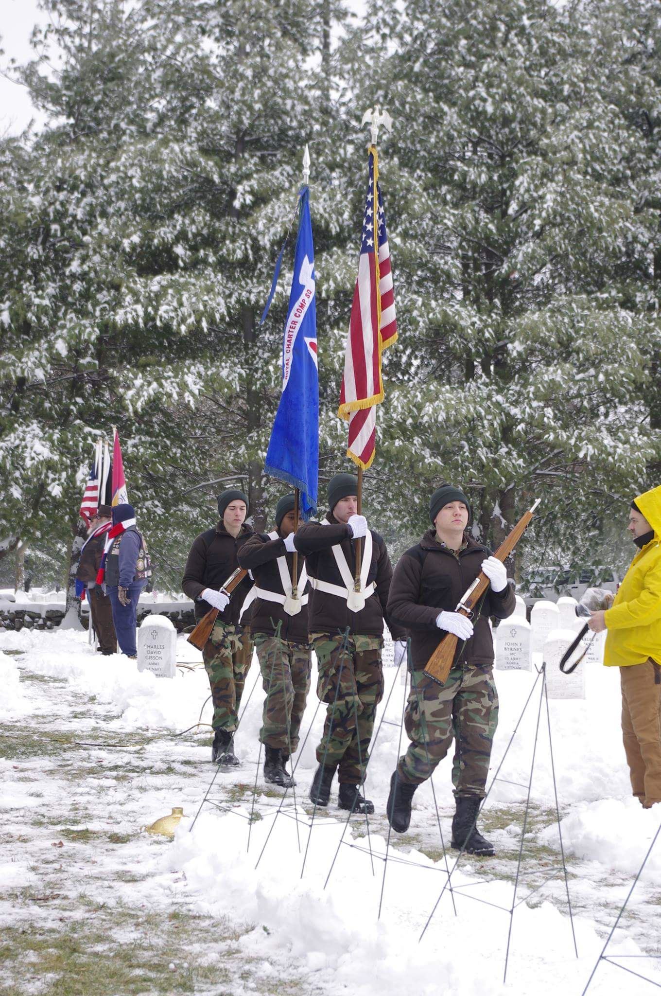 Royal Charter Composite Squadron, Civil Air Patrol, US Air Force Auxiliary Cadet Color Guard posts Colors at the State Veterans Cemetery in Middletown on December 17, 2016