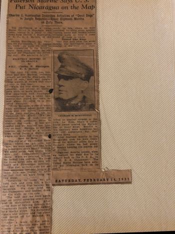 <i class="material-icons" data-template="memories-icon">account_balance</i><br/>Charles Huntington, Marine Corps<br/><div class='remember-wall-long-description'>Charles J. Huntington, who served 18 months in Nicaragua from 1929-1930 and was the founder of the now 90 years old Passaic County Detachment of the Marine Corps League, chartered Dec. 4, 1933. God bless Charlie for his dedicated service to his country, our Detachment, to veterans, and the community.  May God always watch over and protect his family.</div><a class='btn btn-primary btn-sm mt-2 remember-wall-toggle-long-description' onclick='initRememberWallToggleLongDescriptionBtn(this)'>Learn more</a>