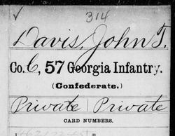 <i class="material-icons" data-template="memories-icon">chat_bubble</i><br/>John Thomas Davis<br/><div class='remember-wall-long-description'>John Thomas Davis Private Co. C, 57th GA Infantry Confederate States of America October 14th, 1832 - 1909He enlisted on May 8th, 1862 in Savannah. He was discharged in 1863 due to deafness.</div><a class='btn btn-primary btn-sm mt-2 remember-wall-toggle-long-description' onclick='initRememberWallToggleLongDescriptionBtn(this)'>Learn more</a>