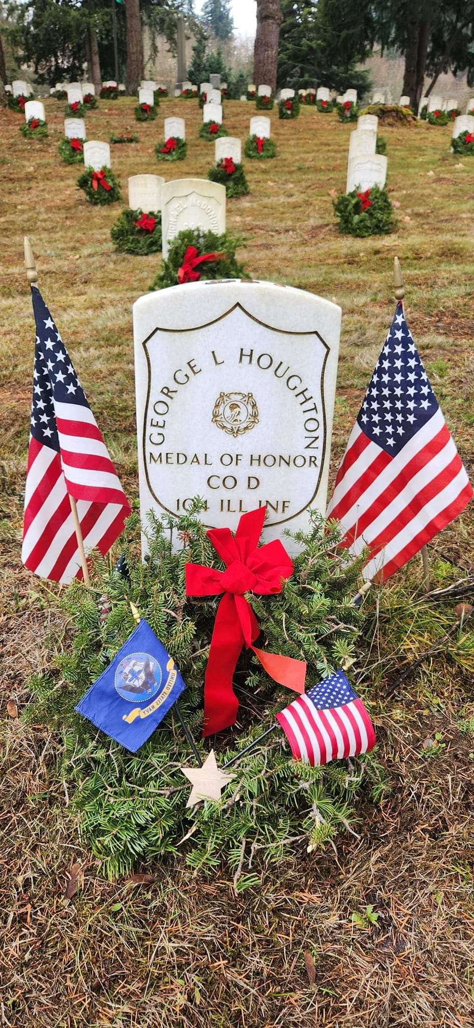 A Wreath was laid at the final resting place of SGT George Houghton,  Medal of Honor Recipient of the Civil War, on Saturday,  December 17th,  2022.