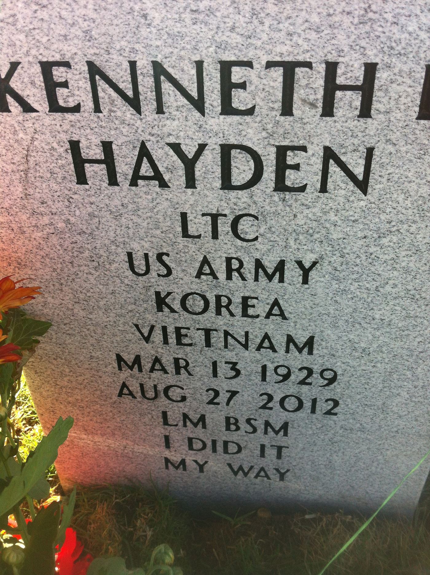 <i class="material-icons" data-template="memories-icon">account_balance</i><br/>Kenneth Hayden, Army, LTC<br/>Born 3/14/1929<br/>Passed on 8/27/2012<br/>Posted by: Sara H.<br/><div class='remember-wall-long-description'>Thank you for your service, Dad! You are greatly missed every day.</div><a class='btn btn-primary btn-sm mt-2 remember-wall-toggle-long-description' onclick='initRememberWallToggleLongDescriptionBtn(this)'>Learn more</a>