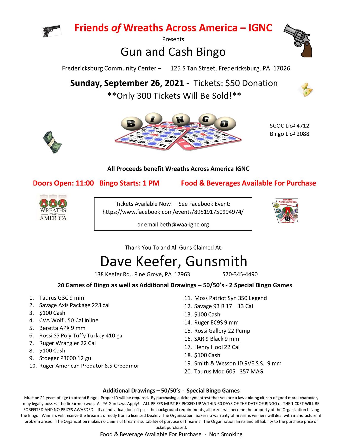 Join us for some fun - 20 Games of Bingo for guns or cash.
Must be 21 to enter the building and play.
Food and beverages available.
Fredericksburg Community Center.
Tickets - email info@waa-ignc.org