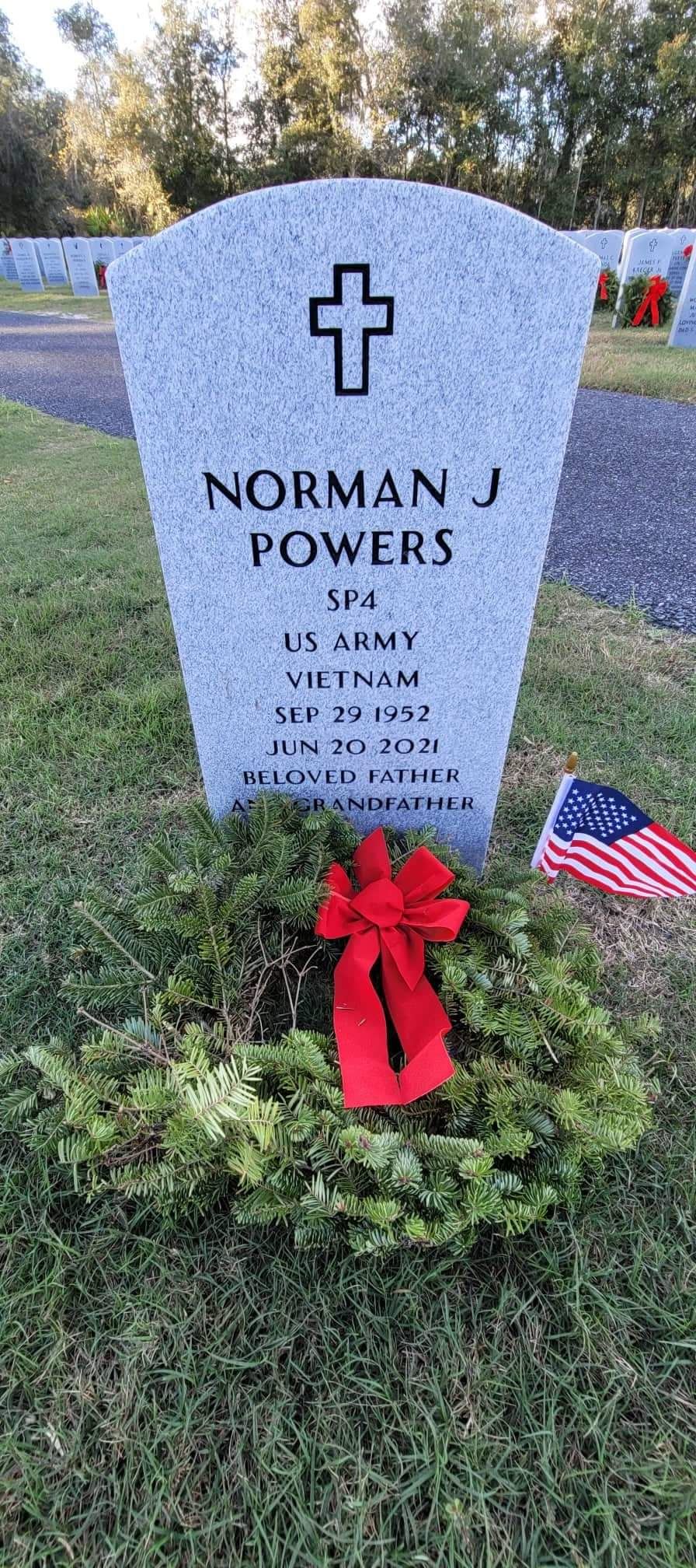 <i class="material-icons" data-template="memories-icon">card_giftcard</i><br/>Norman  Powers , Army, SP4<br/>Born 9/29/1952<br/>Passed on 6/20/2021<br/>Posted by: Jennifer F.<br/><div class='remember-wall-long-description'>
  In God's hands now</div><a class='btn btn-primary btn-sm mt-2 remember-wall-toggle-long-description' onclick='initRememberWallToggleLongDescriptionBtn(this)'>Learn more</a>