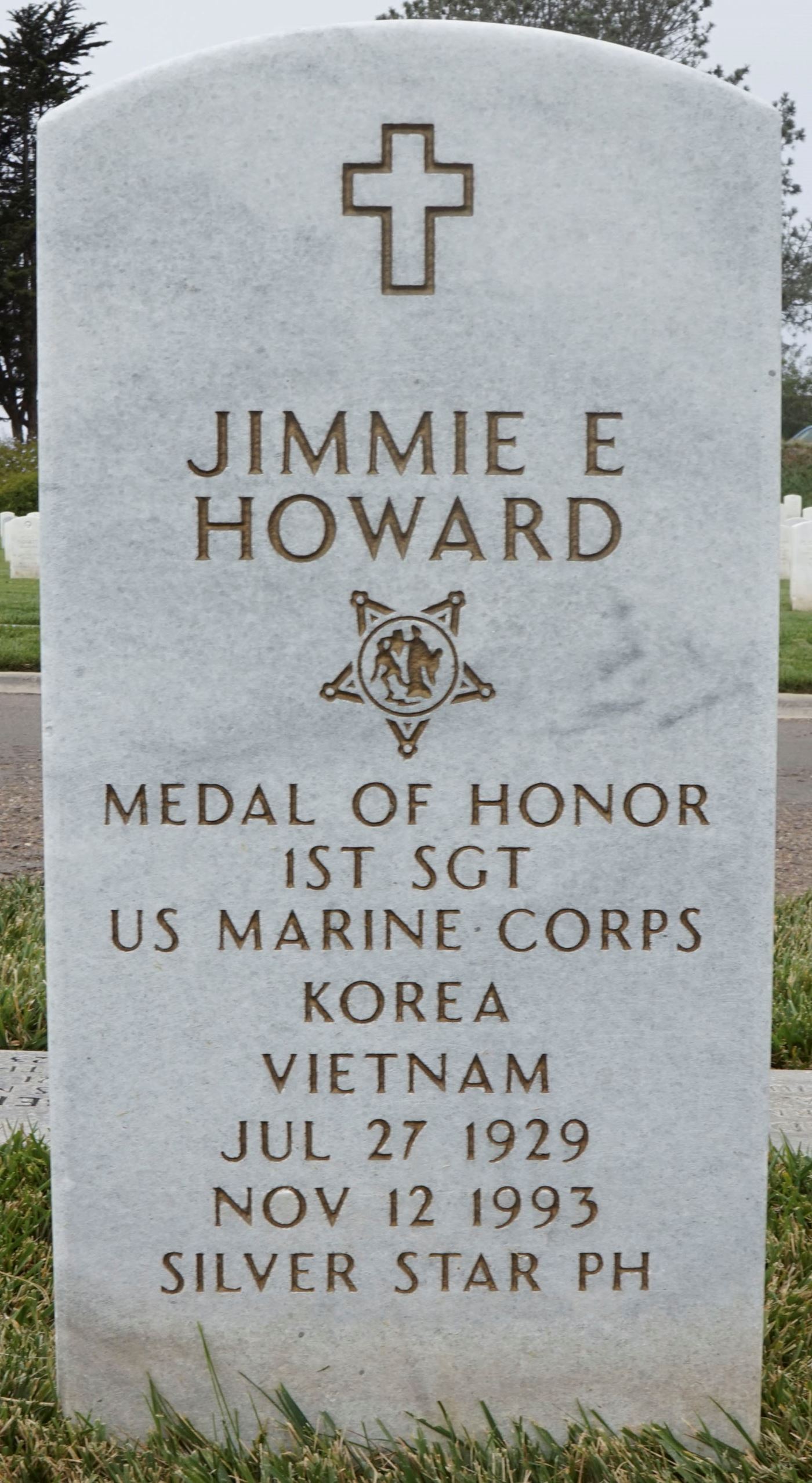 <i class="material-icons" data-template="memories-icon">stars</i><br/>Jimmie Earl Howard, Marine Corps, First Sergeant <br/><div class='remember-wall-long-description'>JIMMIE EARL HOWARD

DETAILS

• RANK: STAFF SERGEANT (RANK AT TIME OF PRESENTATION: GUNNERY SERGEANT; HIGHEST RANK: FIRST SERGEANT)

• CONFLICT/ERA: VIETNAM WAR

• UNIT/COMMAND:
COMPANY C, 1ST RECONNAISSANCE BATTALION,
1ST MARINE DIVISION (REIN) FMF

• MILITARY SERVICE BRANCH: U.S. MARINE CORPS

• MEDAL OF HONOR ACTION DATE: JUNE 16, 1966

• MEDAL OF HONOR ACTION PLACE: NEAR CHU LAI, REPUBLIC OF VIETNAM

CITATION

For conspicuous gallantry and intrepidity at the risk of his life above and beyond the call of duty. G/Sgt. Howard and his 18-man platoon were occupying an observation post deep within enemy-controlled territory. Shortly after midnight a Viet Cong force of estimated battalion size approached the marines' position and launched a vicious attack with small-arms, automatic-weapons, and mortar fire. Reacting swiftly and fearlessly in the face of the overwhelming odds, G/Sgt. Howard skillfully organized his small but determined force into a tight perimeter defense and calmly moved from position to position to direct his men's fire. Throughout the night, during assault after assault, his courageous example and firm leadership inspired and motivated his men to withstand the unrelenting fury of the hostile fire in the seemingly hopeless situation. He constantly shouted encouragement to his men and exhibited imagination and resourcefulness in directing their return fire. When fragments of an exploding enemy grenade wounded him severely and prevented him from moving his legs, he distributed his ammunition to the remaining members of his platoon and proceeded to maintain radio communications and direct air strikes on the enemy with uncanny accuracy. At dawn, despite the fact that five men were killed and all but one wounded, his beleaguered platoon was still in command of its position. When evacuation helicopters approached his position, G/Sgt. Howard warned them away and called for additional air strikes and directed devastating small-arms fire and air strikes against</div><a class='btn btn-primary btn-sm mt-2 remember-wall-toggle-long-description' onclick='initRememberWallToggleLongDescriptionBtn(this)'>Learn more</a>