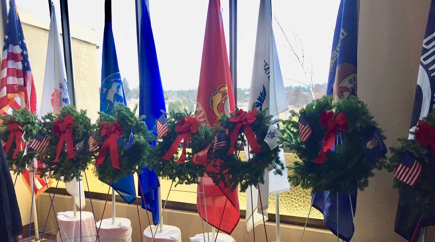 Wreaths and flags honoring our 7 branches.
