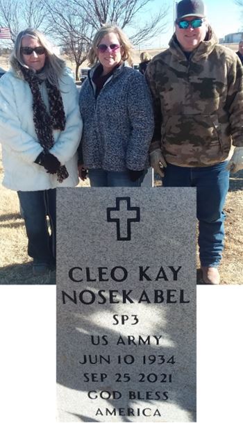 <i class="material-icons" data-template="memories-icon">cloud</i><br/>Cleo Kay Nosekabel, Army<br/><div class='remember-wall-long-description'>By Mike N. for Cleo Nosekabel, Army, Honored by Kansas Veteran Cemetery at WaKeeney  
In Memory of Cleo Nosekabel children Pam, Mike & Linda</div><a class='btn btn-primary btn-sm mt-2 remember-wall-toggle-long-description' onclick='initRememberWallToggleLongDescriptionBtn(this)'>Learn more</a>