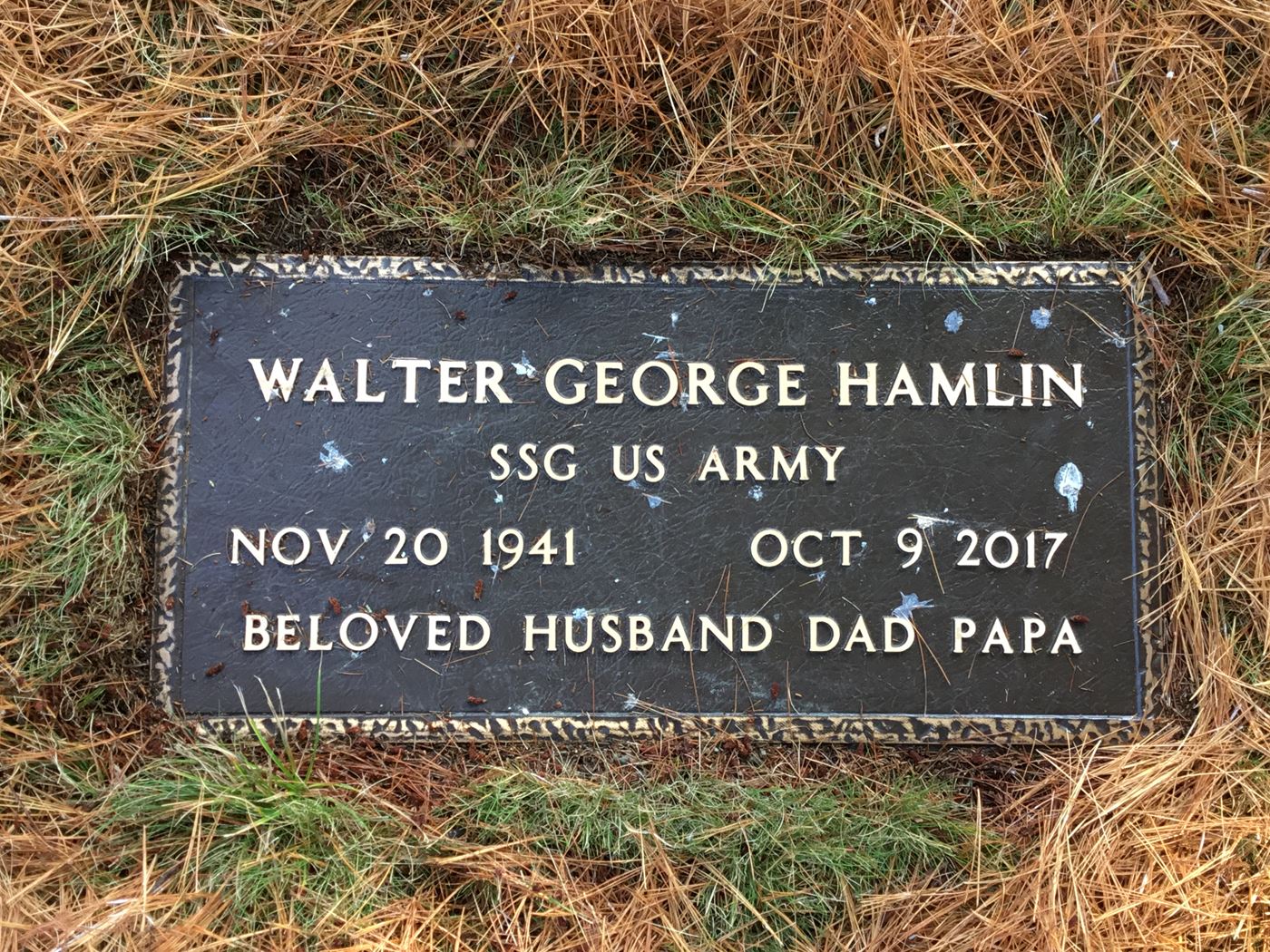 <i class="material-icons" data-template="memories-icon">cloud</i><br/>Walter George Hamlin, Jr, Army, SSG US ARMY<br/>Born 11/20/1941<br/>Passed on 10/9/2017<br/>Posted by: Jo-Ann Hamlin<br/><div class='remember-wall-long-description'>Walt Hamlin, your family loves and misses you everyday.</div><a class='btn btn-primary btn-sm mt-2 remember-wall-toggle-long-description' onclick='initRememberWallToggleLongDescriptionBtn(this)'>Learn more</a>