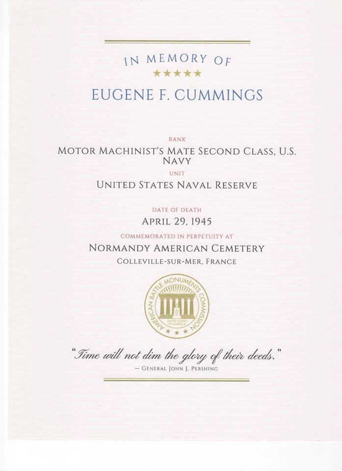 <i class="material-icons" data-template="memories-icon">account_balance</i><br/>Eugene F Cummings, Navy<br/><div class='remember-wall-long-description'>Eugene F Cummings - your family remembers your service, bravery, and sacrifice during Operation Tiger. Some of us never got to meet you. We love and miss you!</div><a class='btn btn-primary btn-sm mt-2 remember-wall-toggle-long-description' onclick='initRememberWallToggleLongDescriptionBtn(this)'>Learn more</a>