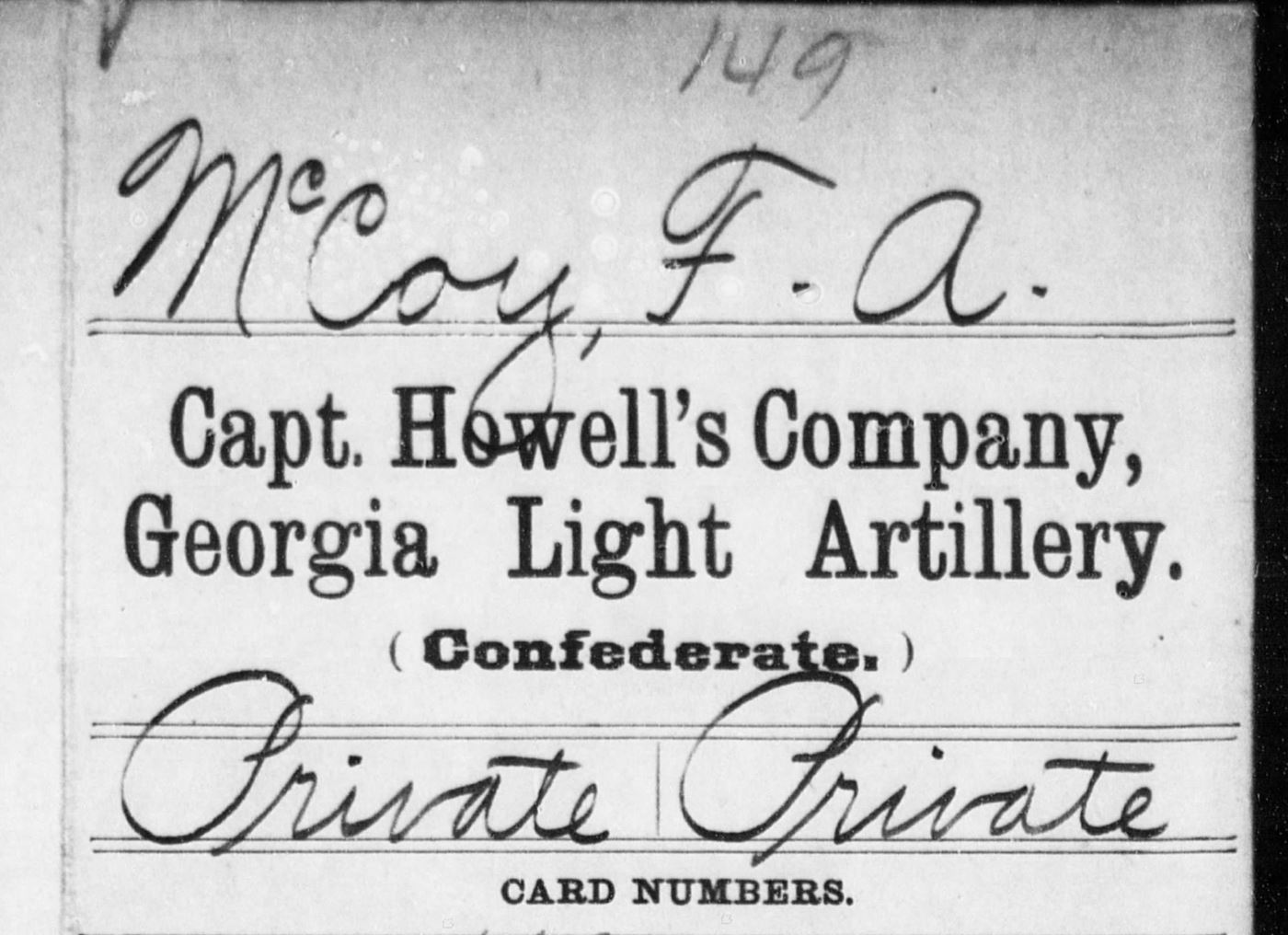 <i class="material-icons" data-template="memories-icon">account_balance</i><br/>Francis A. McCoy<br/><div class='remember-wall-long-description'>Francis A. McCoy
Private 
Captain Howell's Co.
Ga. Light Artillery
August 5th, 1842 - March 21st , 1929
Confederate States of America</div><a class='btn btn-primary btn-sm mt-2 remember-wall-toggle-long-description' onclick='initRememberWallToggleLongDescriptionBtn(this)'>Learn more</a>