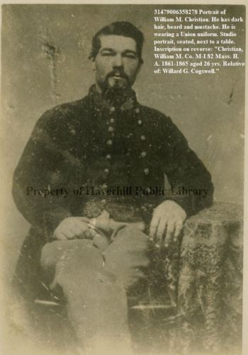 <i class="material-icons" data-template="memories-icon">account_balance</i><br/>William M Christian, Army<br/><div class='remember-wall-long-description'>In the Civil War, William M. Christian.served in the 1st Regiment, Massachusetts Heavy Artillery, but was captured in June 1864 during the Union siege of Petersburg, VA. Initially held in the infamous Libby Prison in Richmond, he escaped while being transferred to the even more hellish Andersonville, GA POW camp. He was recaptured in West Virginia, but soon escaped again, and made his way safely to Union lines in Fayetteville, WV. After his return to Haverhill, along with his father-in-law Robert White, he built the house at 304 Washington St. in the late 1860s. Christian worked as a carpenter until he was well into his 80s, and died in 1922. He is buried in Hilldale cemetery, Lot 745, Grave 3. The house served as the Willard G Cogswell Branch of the Haverhill Public Library from 1957-1973. It still stands as a tenement house at the corner of South St</div><a class='btn btn-primary btn-sm mt-2 remember-wall-toggle-long-description' onclick='initRememberWallToggleLongDescriptionBtn(this)'>Learn more</a>