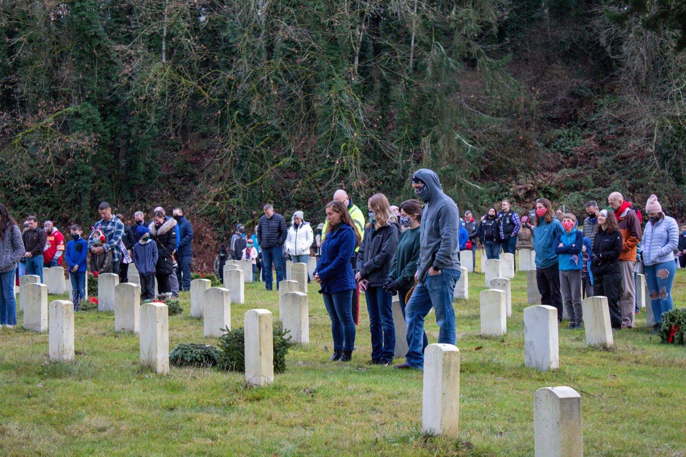 The WAA Orting 2020 Ceremony Attendees in Prayer During Presentation of Ceremonial Service Wreaths