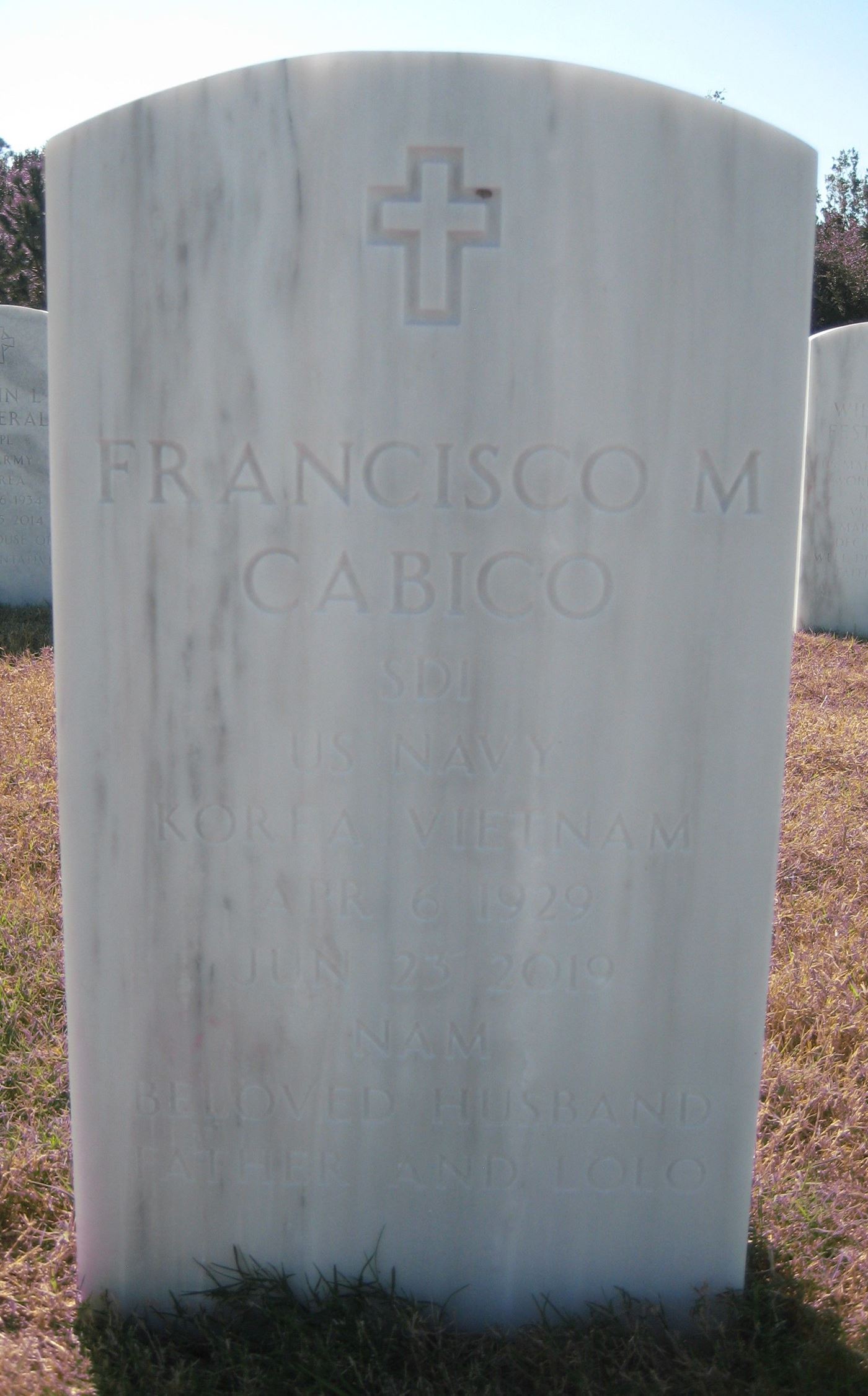 <i class="material-icons" data-template="memories-icon">message</i><br/>Francisco  Cabico, Navy<br/><div class='remember-wall-long-description'>I love and miss you everyday, Grandpa.</div><a class='btn btn-primary btn-sm mt-2 remember-wall-toggle-long-description' onclick='initRememberWallToggleLongDescriptionBtn(this)'>Learn more</a>