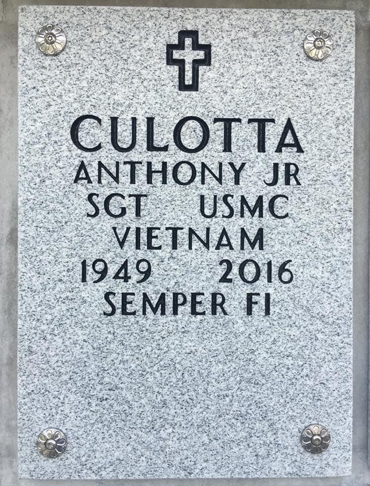 <i class="material-icons" data-template="memories-icon">account_balance</i><br/>Anthony Culotta Jr. , Marine Corps, Sergeant <br/>Born 8/8/1949<br/>Passed on 6/24/2016<br/>Posted by: Stacey C.<br/><div class='remember-wall-long-description'>Anthony Culotta, Jr, We love and miss you Pops! Nick, Stacey, Bella, Dorian, Gianna & Nicolina</div><a class='btn btn-primary btn-sm mt-2 remember-wall-toggle-long-description' onclick='initRememberWallToggleLongDescriptionBtn(this)'>Learn more</a>