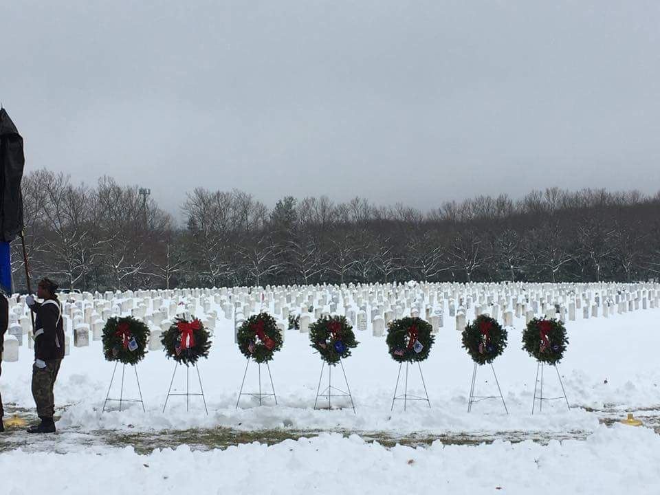 Ceremonial wreaths placed by Royal Charter Composite Squadron, Civil Air Patrol, US Air Force Auxiliary Cadets at the State Veterans Cemetery in Middletown on national Wreaths Across America Day December 17, 2016