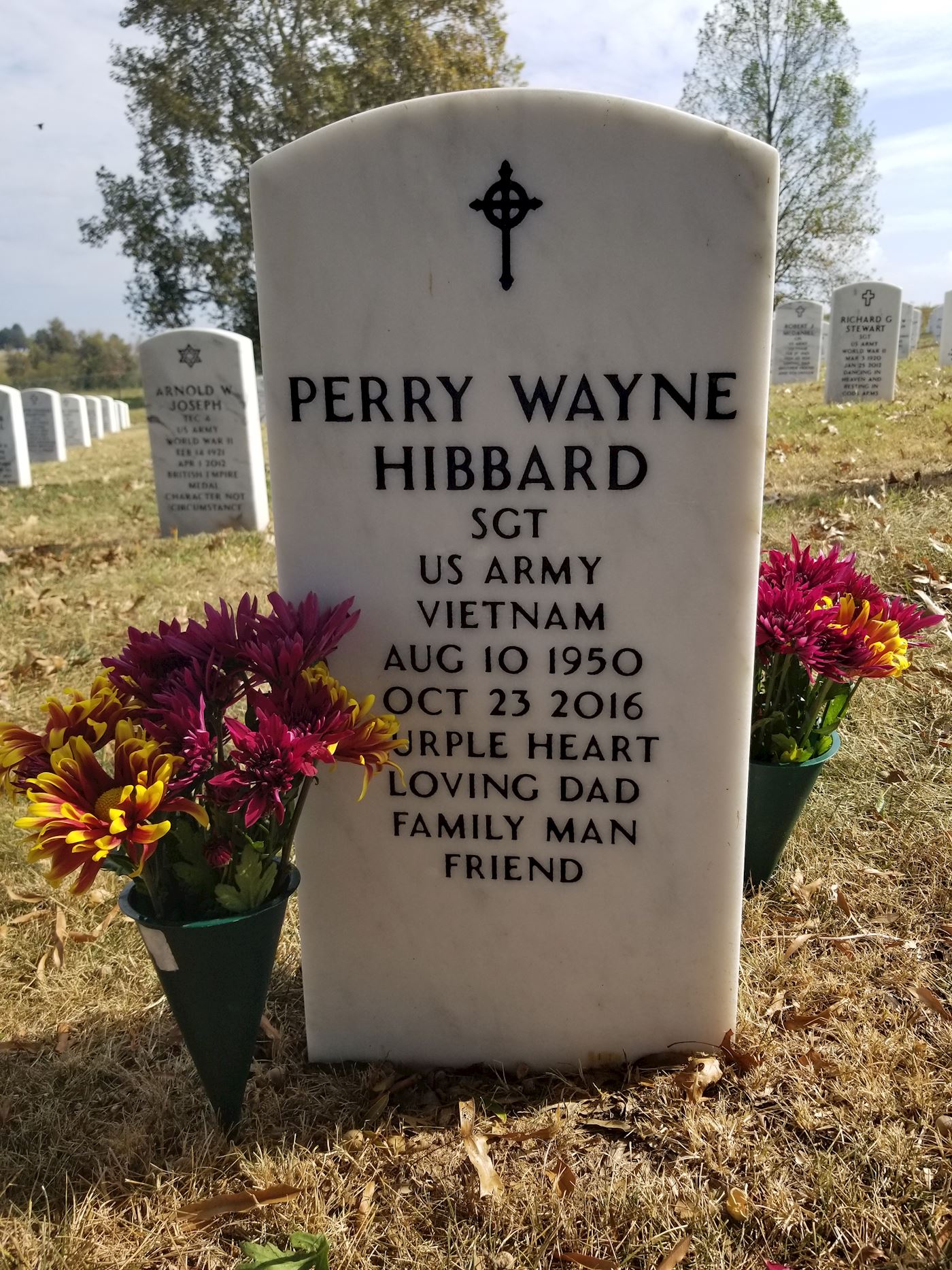 <i class="material-icons" data-template="memories-icon">account_balance</i><br/>Perry Hibbard, Army<br/><div class='remember-wall-long-description'>My Dad fought in the Vietnam War when he was very young. Drafted into the Army. Honorable discharge at Sgt status. He didnt talk about war much but I knew he saw enough. He was always my hero and I miss him everyday. Thank you for including to honor our veterans with this gesture around the holidays when they are missed most.</div><a class='btn btn-primary btn-sm mt-2 remember-wall-toggle-long-description' onclick='initRememberWallToggleLongDescriptionBtn(this)'>Learn more</a>