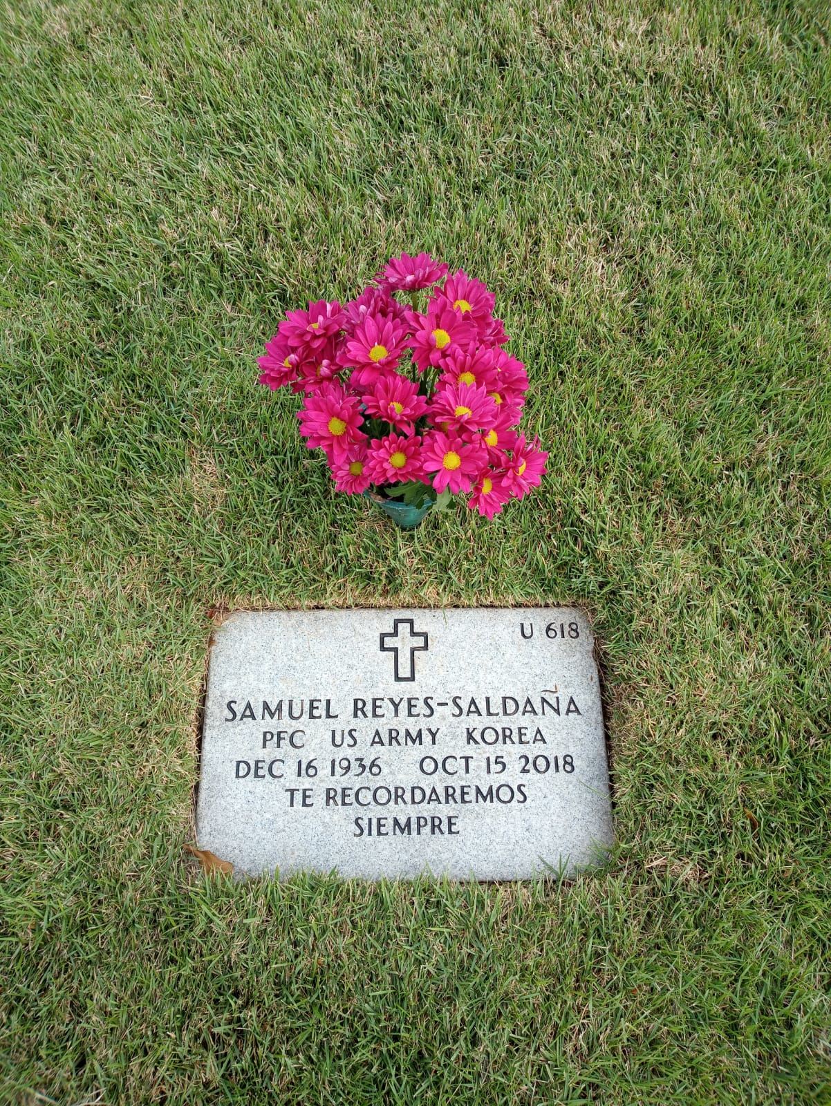 <i class="material-icons" data-template="memories-icon">stars</i><br/>Samuel  Reyes Saldana, Army, Private First Class<br/>Born 12/16/1936<br/>Passed on 10/15/2018<br/>Posted by: Solimar Reyes<br/><div class='remember-wall-long-description'>
 Te recordamos siempre y te extranamos mucho</div><a class='btn btn-primary btn-sm mt-2 remember-wall-toggle-long-description' onclick='initRememberWallToggleLongDescriptionBtn(this)'>Learn more</a>