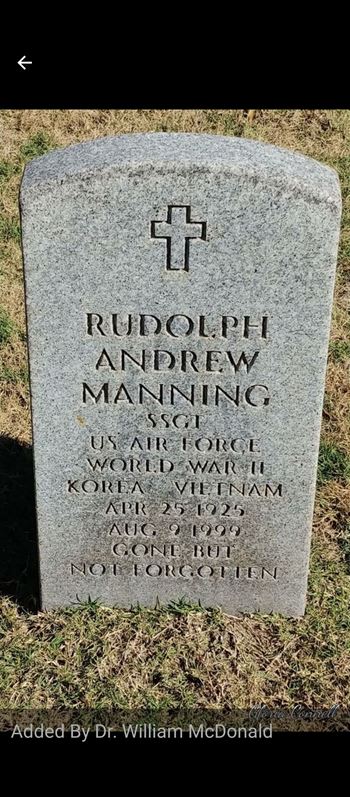 <i class="material-icons" data-template="memories-icon">card_giftcard</i><br/>Rudolph Andrew  Manning , Air Force<br/><div class='remember-wall-long-description'>We honor and salute you for bravery, valor, and service to our country during 3 wars. You served during WWII, Korea, and Vietnam under difficult circumstances. 
Uncle "Rudy", My Dads twin brother. You are not forgotten!!</div><a class='btn btn-primary btn-sm mt-2 remember-wall-toggle-long-description' onclick='initRememberWallToggleLongDescriptionBtn(this)'>Learn more</a>