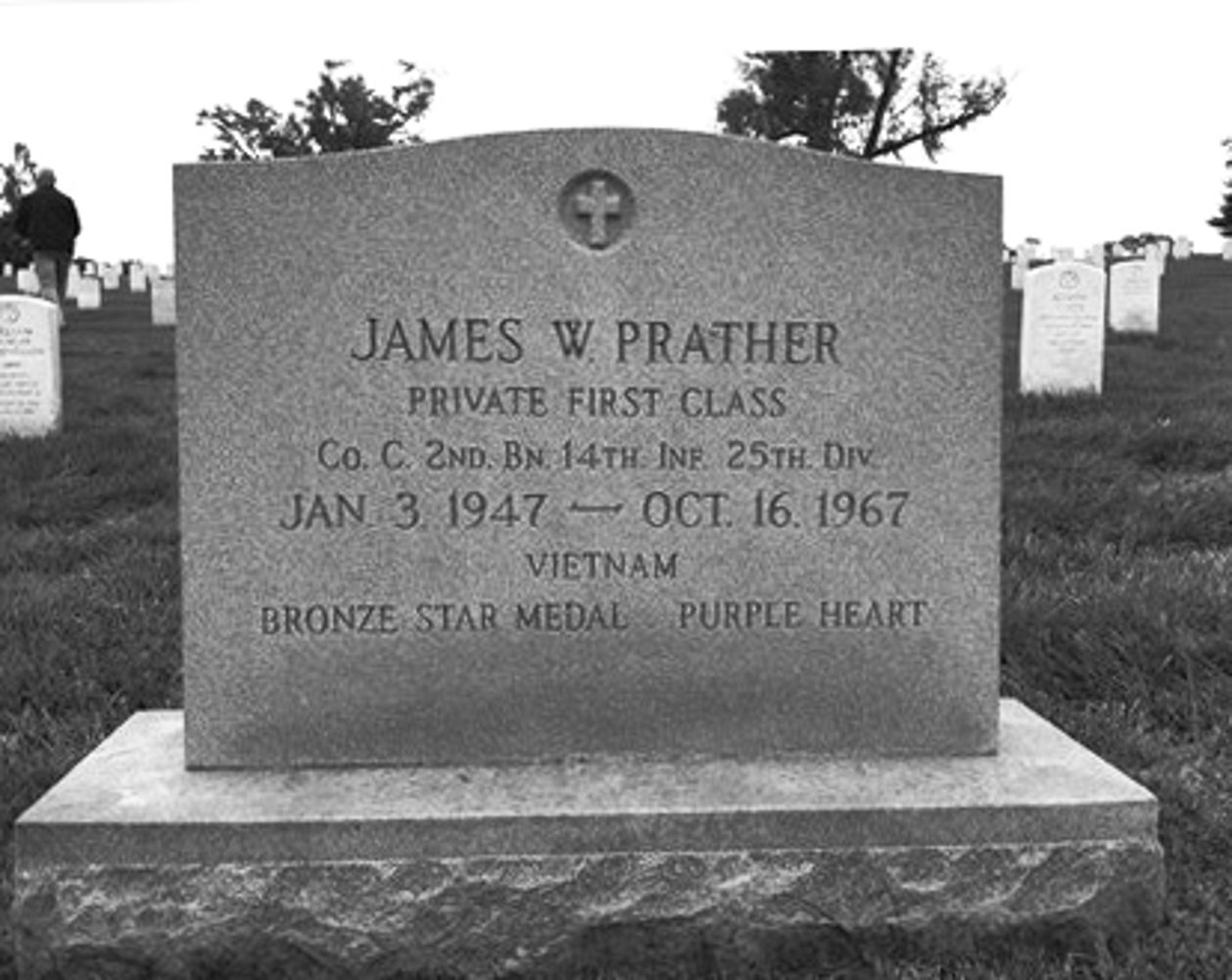 <i class="material-icons" data-template="memories-icon">chat_bubble</i><br/>James W Prather, Army, PFC<br/>Born 1/3/1947<br/>Passed on 10/16/1967<br/>Posted by: Dan P Brodt<br/><div class='remember-wall-long-description'>In Memory of James W PratherPFC Army Co. C 2nd BN 14th INF 25th DIVVietnam - Bronze Star Medal - Purple Heart</div><a class='btn btn-primary btn-sm mt-2 remember-wall-toggle-long-description' onclick='initRememberWallToggleLongDescriptionBtn(this)'>Learn more</a>