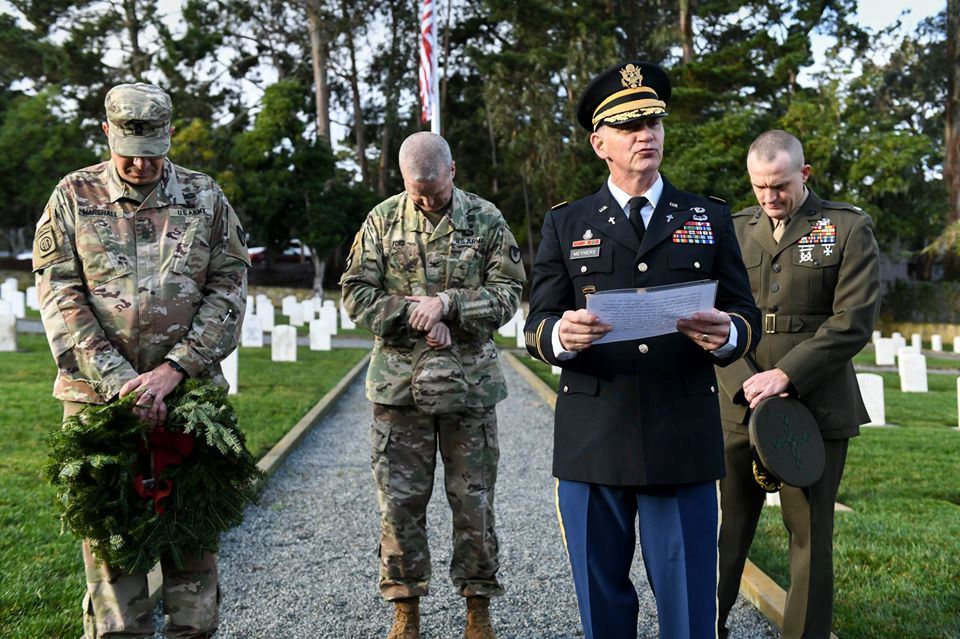 Presidio of Monterey leadership and nearly 100 military and community volunteers, attend the 2nd Annual Wreath Placement Event at POM Cemetery. Saturday December 14, 2019