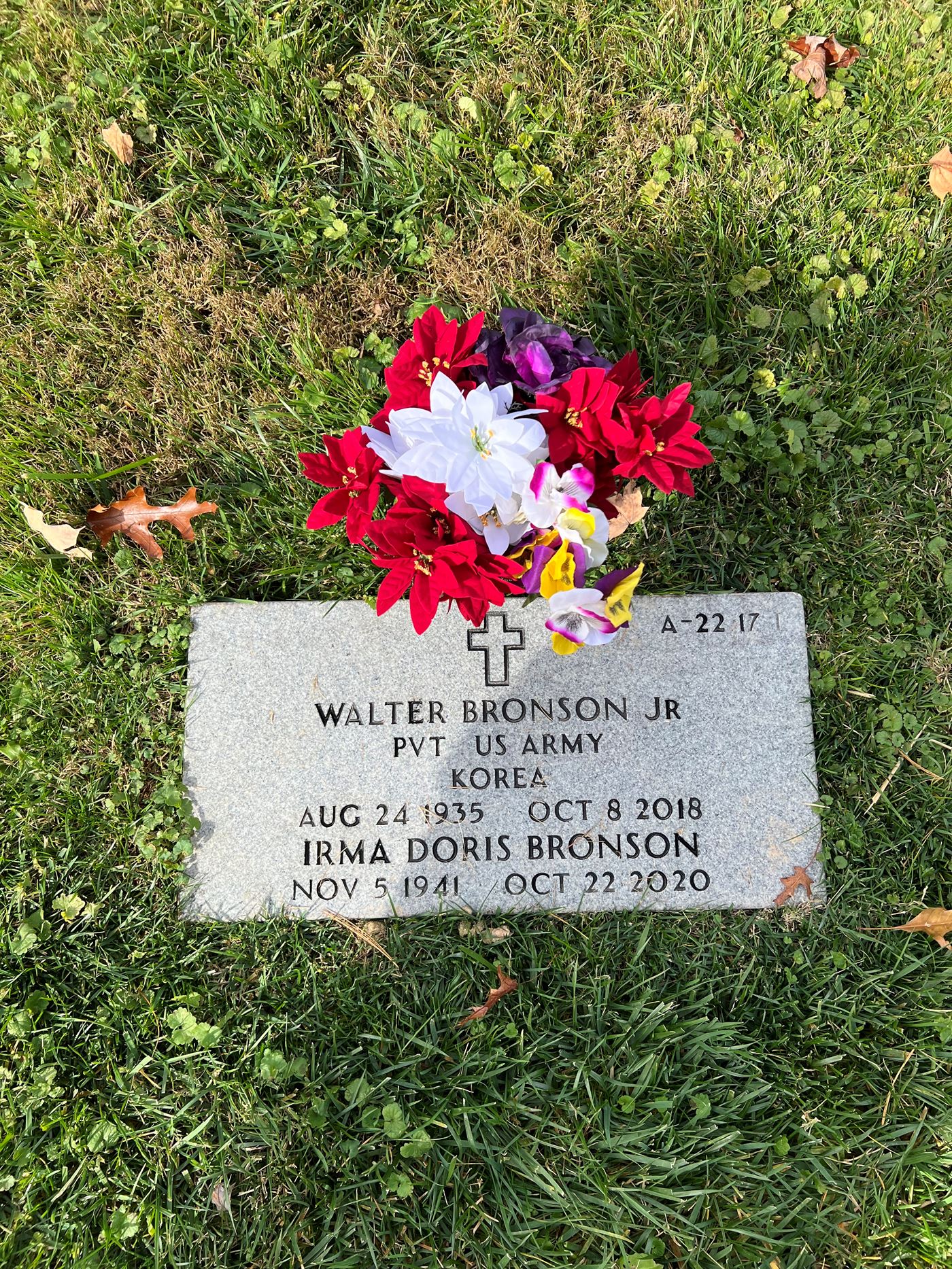 <i class="material-icons" data-template="memories-icon">message</i><br/>WALTER  BRONSON (JR), Army, PVT<br/>Born 8/24/1935<br/>Passed on 10/8/2018<br/>Posted by: WINONA M.<br/><div class='remember-wall-long-description'>
  I miss you both everyday (Walter & Irma Bronson). Love you forever!</div><a class='btn btn-primary btn-sm mt-2 remember-wall-toggle-long-description' onclick='initRememberWallToggleLongDescriptionBtn(this)'>Learn more</a>