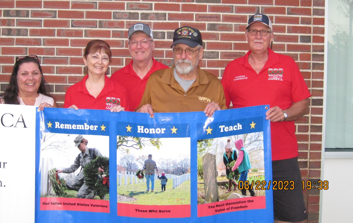 Right to Left: Location Coordinator Richard Jensen; 
Jorg Dreusicke, VFW Post 10722 Pelham, NH; Russ Soucy and Joanne Soucy (Location Co-Coordinator); 
Karla Humphreys