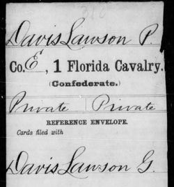 <i class="material-icons" data-template="memories-icon">chat_bubble</i><br/>Lawson Gambol Davis<br/><div class='remember-wall-long-description'>Lawson Gambol Davis Private Co. E, 1st Florida Cavalry Confederate States of America 1840 - March 8th, 1892He enlisted as a Private in White Springs, Florida on November 14th, 1862. On October 28th, 1862, he was captured at New Castle, Kentucky. He was confined at Fort Delaware, Delaware until October 30th, 1864 and exchanged on October 31st, 1864 at Lookout, Maryland.</div><a class='btn btn-primary btn-sm mt-2 remember-wall-toggle-long-description' onclick='initRememberWallToggleLongDescriptionBtn(this)'>Learn more</a>