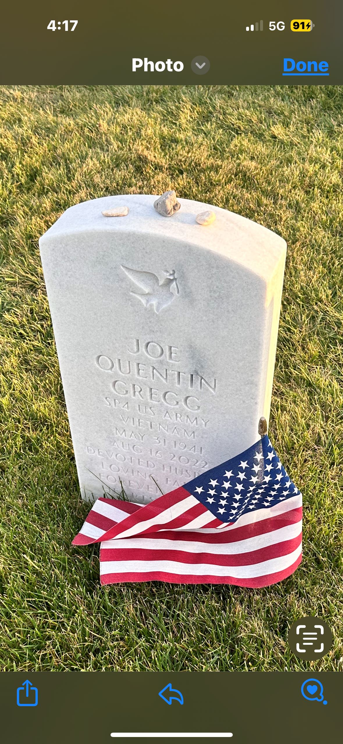 <i class="material-icons" data-template="memories-icon">account_balance</i><br/>Joe  Gregg , Army<br/><div class='remember-wall-long-description'>We miss you so much daddy. We think of you always and know you are looking down on us and looking out for us.</div><a class='btn btn-primary btn-sm mt-2 remember-wall-toggle-long-description' onclick='initRememberWallToggleLongDescriptionBtn(this)'>Learn more</a>