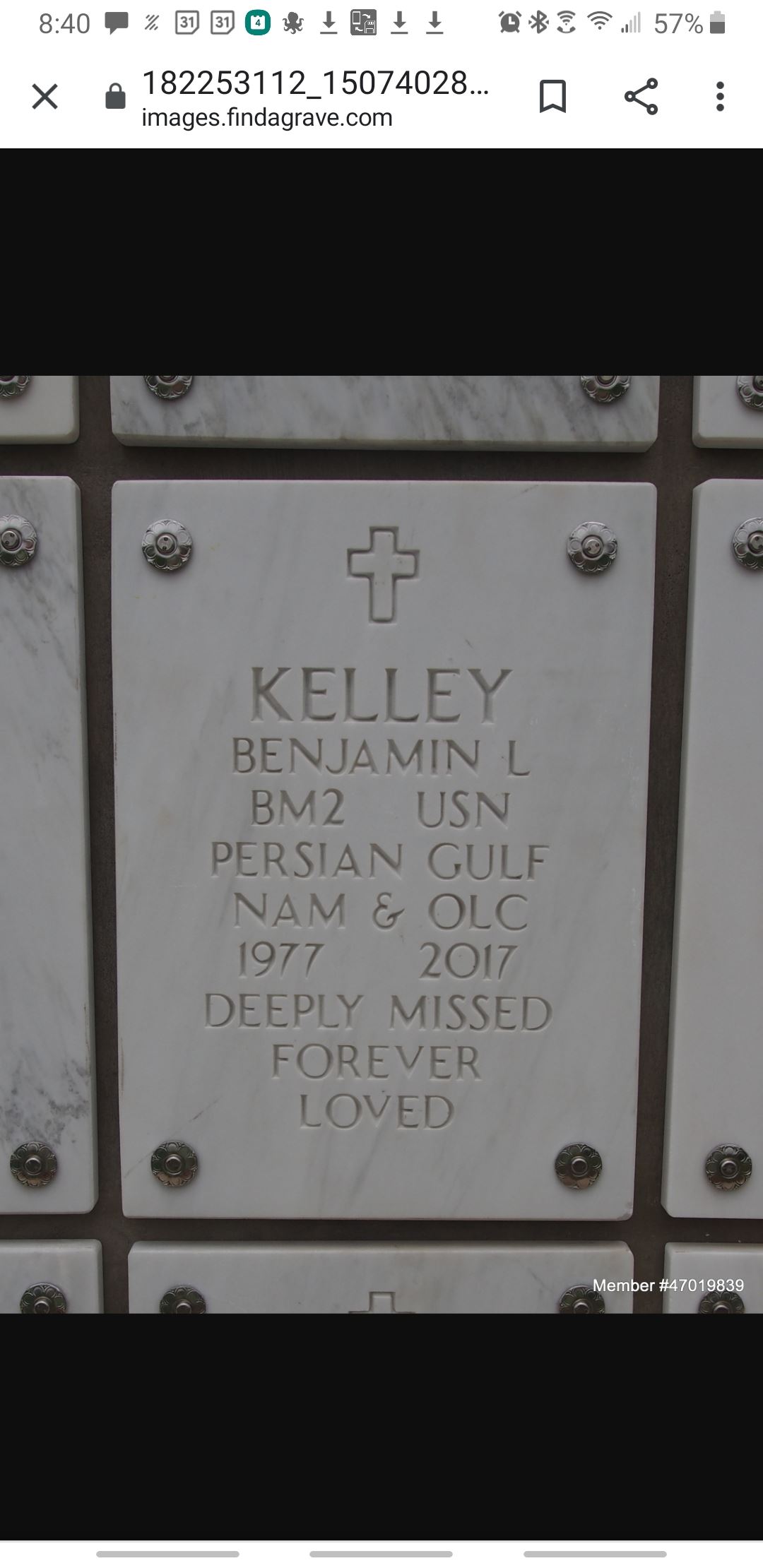 <i class="material-icons" data-template="memories-icon">message</i><br/>Benjamin  Kelley , BM2<br/>Posted by: Richard J.<br/><div class='remember-wall-long-description'>Benjamin L. Kelley 
You fought.the Battles and Won. The Battlefield is silent finally... You are NEVER FORGOTTEN. 
RIP my Friend RIP Brother</div><a class='btn btn-primary btn-sm mt-2 remember-wall-toggle-long-description' onclick='initRememberWallToggleLongDescriptionBtn(this)'>Learn more</a>