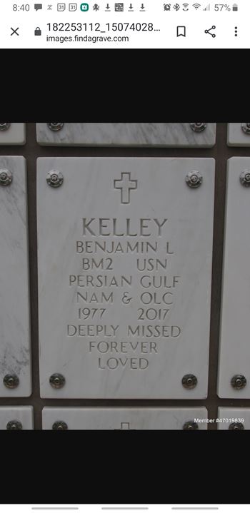 <i class="material-icons" data-template="memories-icon">message</i><br/>Benjamin  Kelley <br/><div class='remember-wall-long-description'>Benjamin L. Kelley 
You fought.the Battles and Won. The Battlefield is silent finally... You are NEVER FORGOTTEN. 
RIP my Friend RIP Brother</div><a class='btn btn-primary btn-sm mt-2 remember-wall-toggle-long-description' onclick='initRememberWallToggleLongDescriptionBtn(this)'>Learn more</a>
