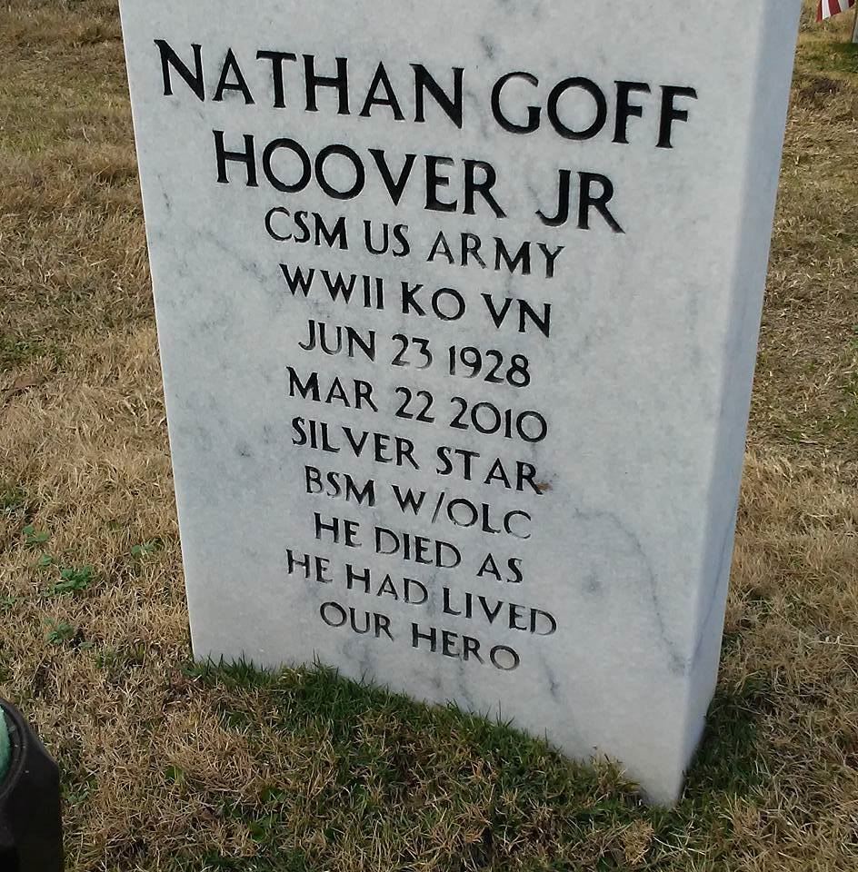 <i class="material-icons" data-template="memories-icon">cloud</i><br/>Nathan  Hoover, Army, Ret. CSM<br/>Born 6/23/1928<br/>Passed on 3/22/2010<br/>Posted by: Sherri M.<br/><div class='remember-wall-long-description'>
  In honor of the man who raised me, the only daddy I knew. I love you and miss you always. R.I.P.</div><a class='btn btn-primary btn-sm mt-2 remember-wall-toggle-long-description' onclick='initRememberWallToggleLongDescriptionBtn(this)'>Learn more</a>