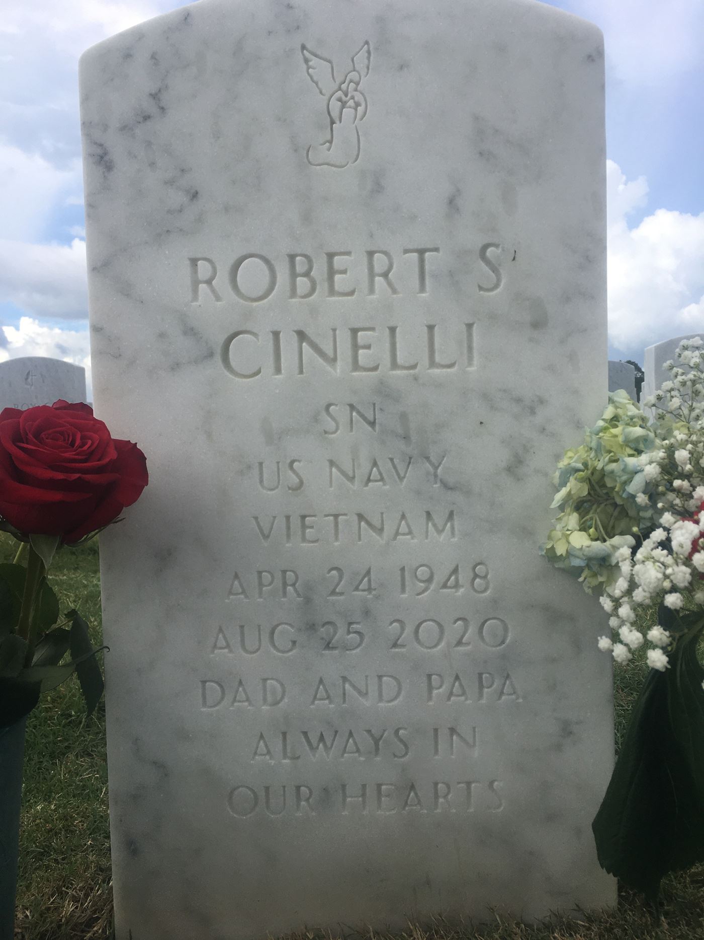 <i class="material-icons" data-template="memories-icon">stars</i><br/>Robert  Cinelli, Navy, SN<br/>Born 4/24/2048<br/>Passed on 8/25/2020<br/>Posted by: Theresa Cinelli<br/><div class='remember-wall-long-description'>Robert Salvatore Cinelli</div><a class='btn btn-primary btn-sm mt-2 remember-wall-toggle-long-description' onclick='initRememberWallToggleLongDescriptionBtn(this)'>Learn more</a>