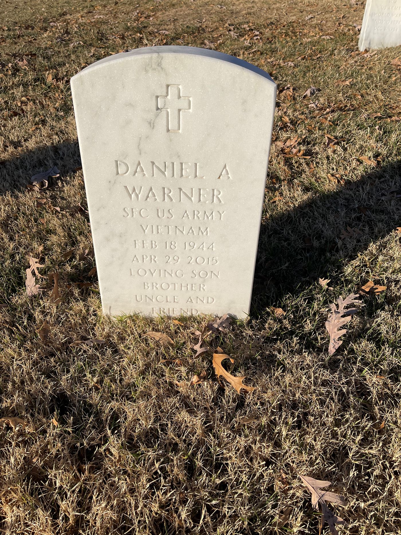 <i class="material-icons" data-template="memories-icon">stars</i><br/>Daniel Warner, Army, SFC<br/>Born 2/18/2044<br/>Passed on 4/29/2015<br/>Posted by: Catherine Zeman<br/><div class='remember-wall-long-description'>Loving son, brother, uncle, and friend.</div><a class='btn btn-primary btn-sm mt-2 remember-wall-toggle-long-description' onclick='initRememberWallToggleLongDescriptionBtn(this)'>Learn more</a>