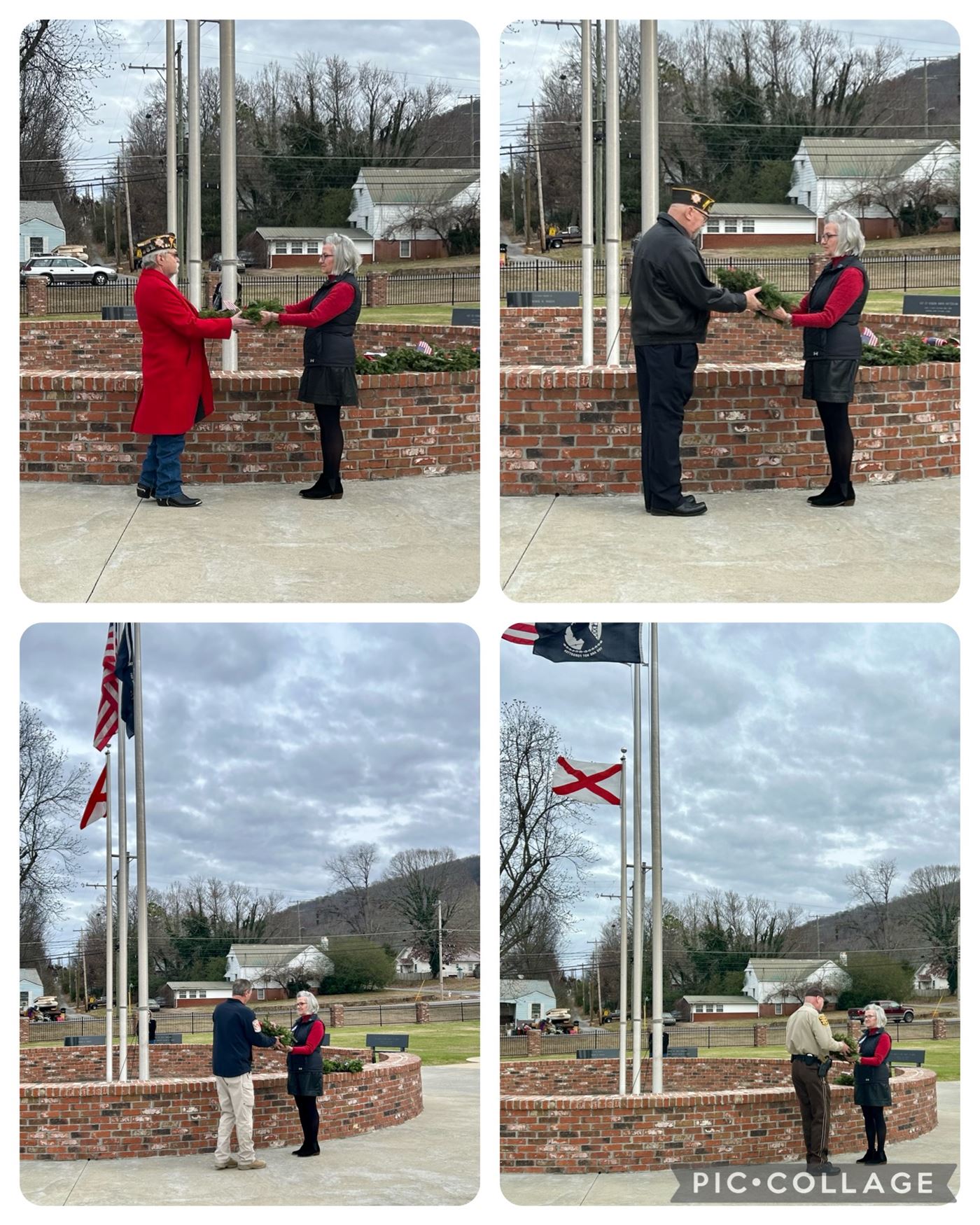 HWA member, Paula Beegle, presents wreaths to veterans to place at flags for Navy, Coast Guard, Fire &amp; Police Depts.